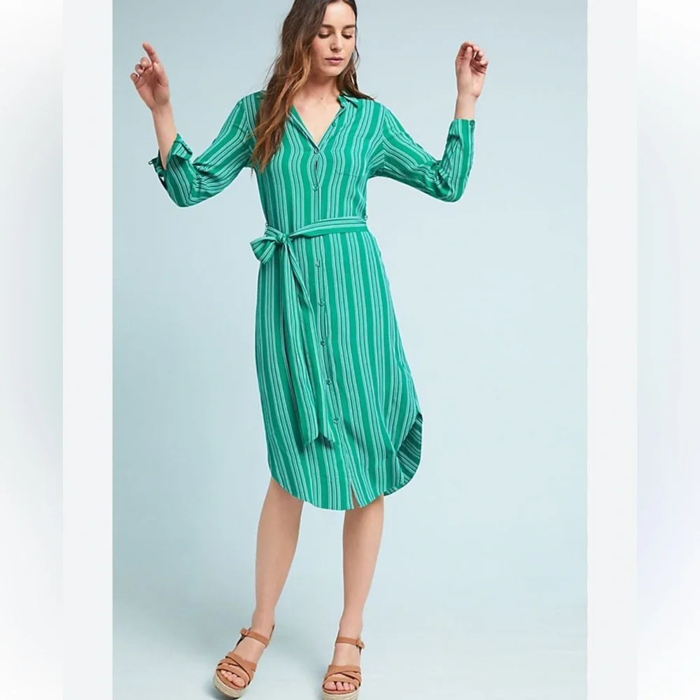 Maeve Anthropologie shirt dress green stripe button down belted size 2 nwt - Picture 1 of 7
